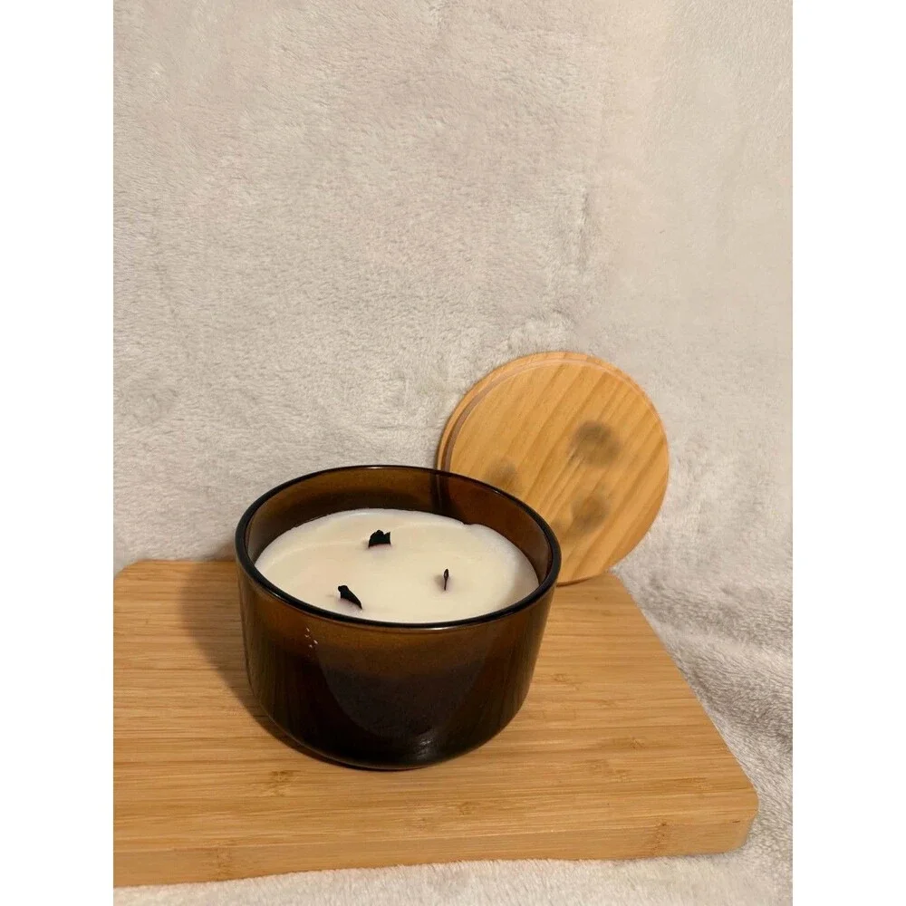 Threshold 3-Wick White Sage Thyme Candle 20oz Amber Glass Wooden Wick Used